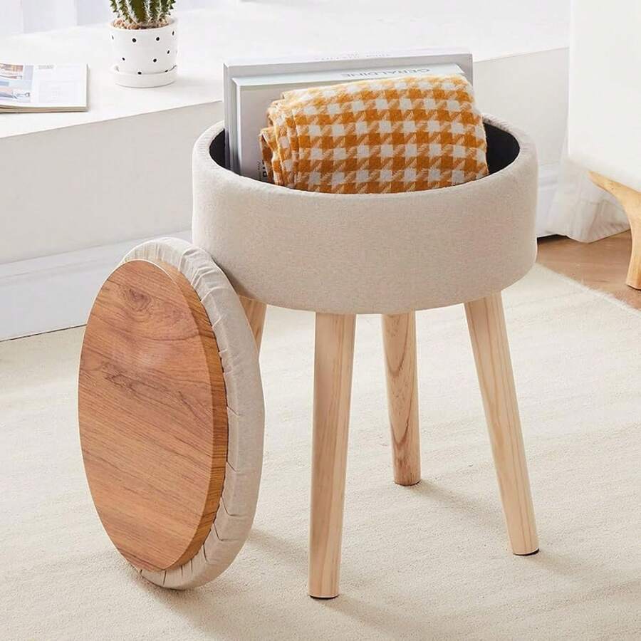 Storage Ottoman Foot Stool Teddy Velvet Round Vanity Stool Tray Top Footstool With Wood Upholstered Foot Rest Ottoman Living Room, Bathroom, Makeup (White) - Yellow - View 1