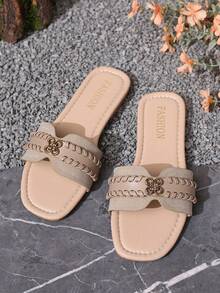 最新时尚女士平底凉鞋，夏季户外一脚蹬沙滩拖鞋，全新手工编织带，中国结金属扣装饰，方头设计，适合度假旅行，轻松穿脱，夏季拖鞋 - 杏色 - 查看 5