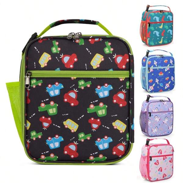 1 pieza Lonchera con aislamiento de dibujos animados, bolsa de almuerzo ligera y duradera con portabotellas, bolsillo de malla, lonchera reutilizable con forro de aluminio y hielo fresco para la escuela, picnic y viajes