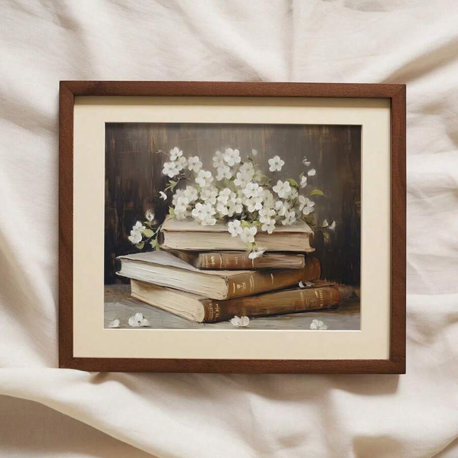 1 件，墙面艺术，复古海报，书籍和鲜花复古风格绘画 | 小屋灯学院风装饰无框