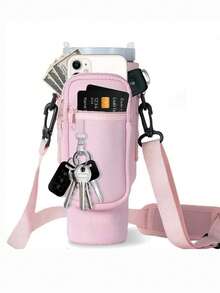 1pc Water Bottle Carrier Bag With Phone Pocket,Suitable For 40/30 Oz Tumbler With Handle With Adjustable Strap Bollus,Key Hook,Suitable For Hiking Travelling Camping Sports Water Bottle Case Insulated Bag Crossbody