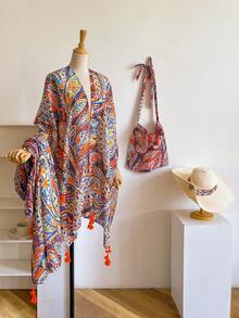 4pcs Women Scarf-Shawl-Hat-Bag Set, Elegant Floral Printed Beach Wrap Scarf+Versatile Scarf+Woven Sun Hat+Fashionable Canvas Tote Bag, Multi-Wear For Vacation Beach, Spring/Summer Travel Accessory Set - Multicolor - View 9