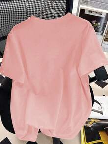 Camiseta de manga corta con estampado de lema para adolescentes, top de verano de cuello redondo, adecuado para la escuela, las vacaciones y las compras - Rosa - Ver 2