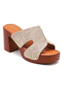 Women Wood Grain Elevator Insole Slippers, Summer Wooden Thick-Heel Backless Mule Sandals With Open Toe Fashionable & Versatile - Khaki - View 3