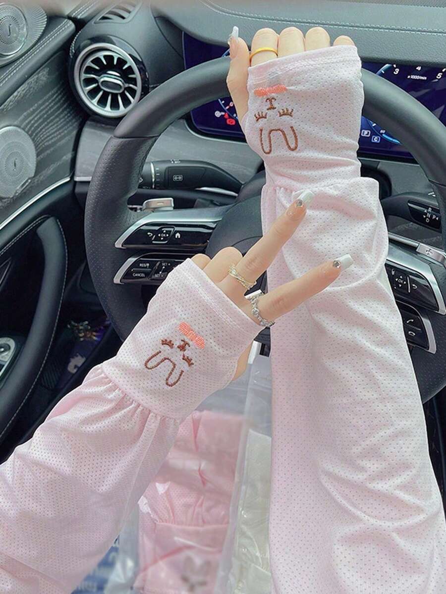 2pcs Summer Thin Sun Protection Sleeve For Women, Ice Silk Bunny Ear Design Fingerless Arm Sleeve - Pink - View 1