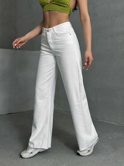 Women's Ripped Boyfriend Wide Leg Jeans, Solid Color With Zipper Pockets & Buttons