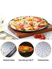 1 件加厚穿孔碳钢不粘圆形披萨烤盘，披萨和大扁面包专用烤盘，烘焙工具