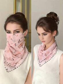 1PC 2025 Summer Sunscreen UV Flower Pattern Veil, Ice Silk Breathable Face Protection Triangle Silk Scarf Women's Ear Hanging Neck