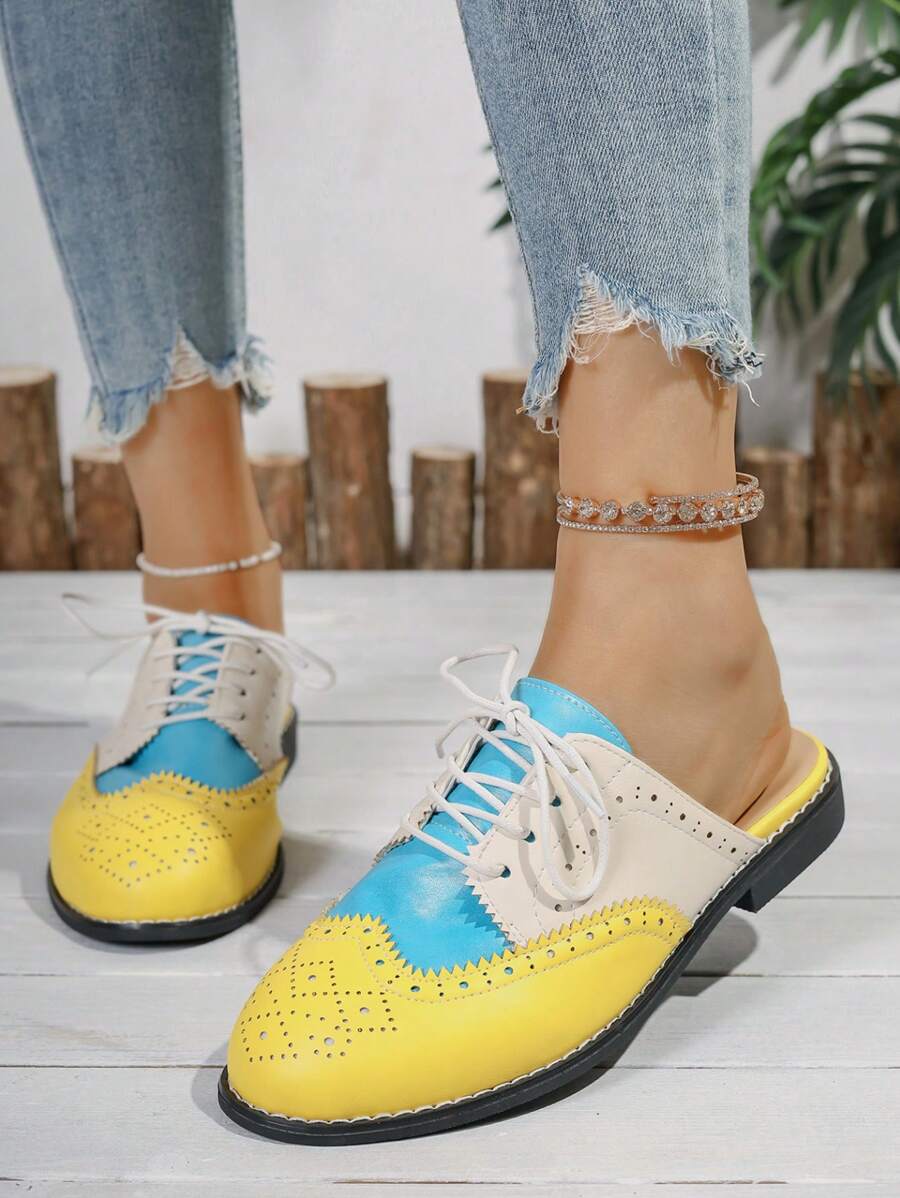 Women's Embroidered Slip-On Sandals, New Summer Soft Sole Cow Leather Brogues Flat Backless Mules, Retro French Vintage Style