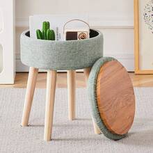 Storage Ottoman Foot Stool Teddy Velvet Round Vanity Stool Tray Top Footstool With Wood Upholstered Foot Rest Ottoman Living Room, Bathroom, Makeup (White) - 綠色 - 查看 7