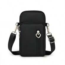 Solid Color Nylon Unisex Shoulder Sling Bag, Vertical Style Wallet, Coin Purse, Phone Pouch With 4 Zippers - Black - View 9
