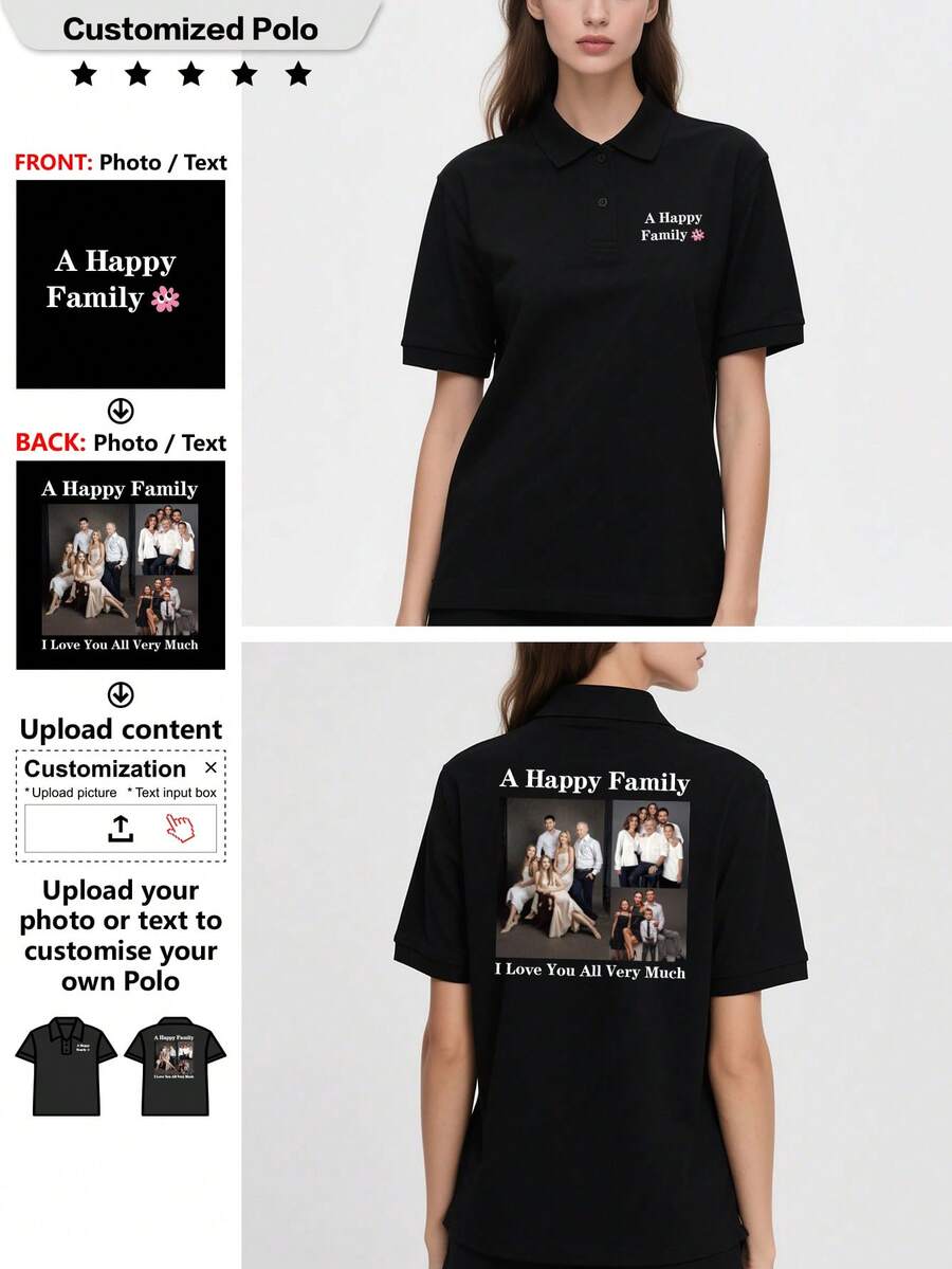 Camisetas polo personalizadas con tu propio diseño. Sube tus fotos para diseñar tu propia ropa. Personalización a pedido - Negro - Ver 1