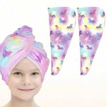 2pcs Microfiber Hair Towel Wrap For Kids 2 Packs Rapid Drying Hair Towel With Button Hair Turbans For Wet Hair Wraps Head Towel Wrap For Girls, Dark Unicorn