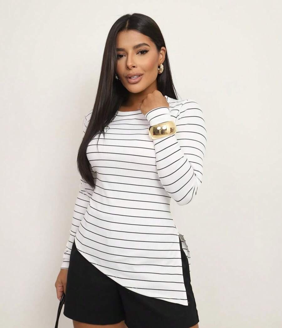 Women's Ribbed Blouse Simple Casual Elegant Split Asymmetric Fall/Winter - Black and White - View 1