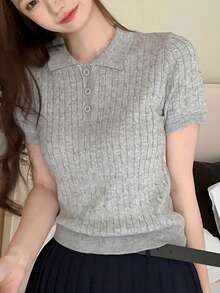 Women's Casual Turndown Collar Button Short Sleeve Knit Top - Grey - View 3