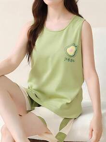 AICJ 2 件女士休闲水果和文字印花无袖上衣和短裤睡衣套装，柔软舒适的家居服，春夏季 - 薄荷綠 - 查看 4