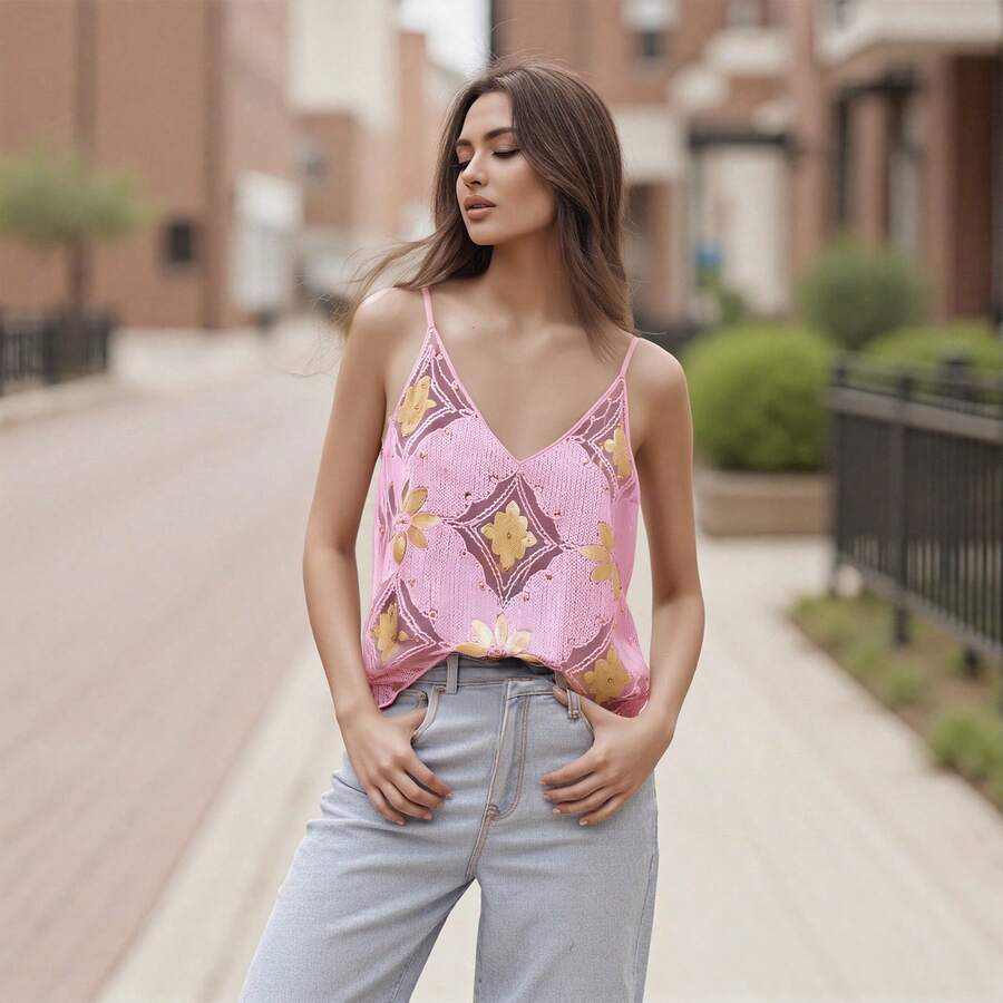 Women Y2K Sequin Cami Top Sparkly V Neck Tank Top Backless Glitter Crop Tops Floral Rhinestone Clubwear - Hồng - Xem 1