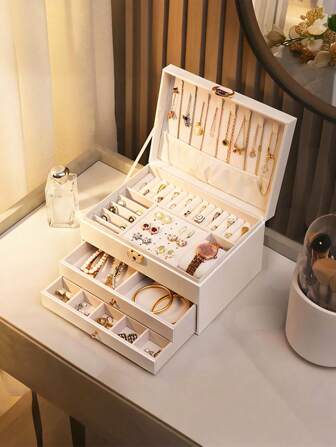 Stylish Single-Piece Three-Tier/Two-Tier/One-Tier Jewelry Organizer Box - Jewelry Organizer Box With Necklace Rack And Tray. Perfect For Storing Necklaces, Rings, Earrings, Bracelets, And Other Small Jewelry. (The Lock Is Decorative.)