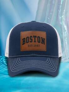 1pc Men's Personalized Leather Label BOSTON Laser Slogan Casual Outdoor Fashion Breathable Adjustable Size Hard Top Baseball Mesh Cap, Suitable For Daily Wear - H - View 5
