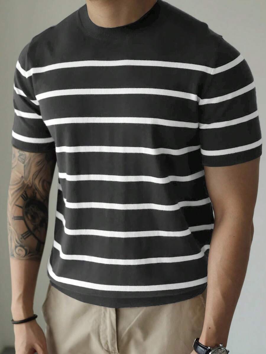 Men's Short Sleeve Striped Knit Sweater Top Tee - Dark Grey - View 1