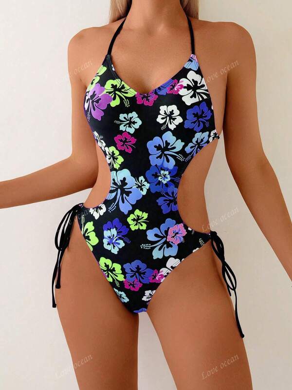 Traje de baño de una pieza con estampado floral, espalda descubierta y cordones, sexy para la playa y vacaciones