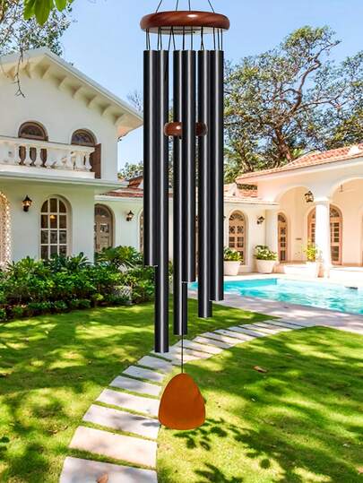 1pc Extra Large Black Aluminum Wind Chime With 6 Metal Tubes, Classic Design For Anniversary, Birthday, Thanksgiving, Mother's Day Gift, Suitable For Patio, Balcony, Entryway, Garden Decor