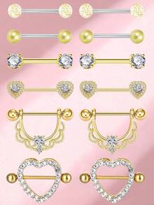 12pcs/Set Cubic Zirconia Heart & Circle Nipple Rings, Suitable For Daily Wear For Women Valentines,Mom,Mother,Mother's Day,Gift