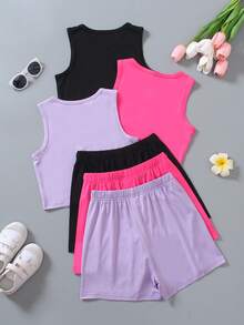 6 件套青春期前女童休闲运动风格纯色圆领无袖短款上衣和简约短裤套装，适合夏季 - 彩色 - 查看 2
