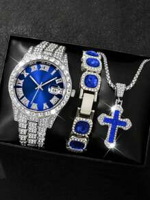 3 PIÈCES/SET Mode HIPHOP Luxe strass Bande d'Acier Calendrier Échelle Romaine Montre à Quartz Homme Avec Ensemble Bracelet strass. Collier Pendentif Croix Zircone Titane. Ensemble Cadeau Collier Bracelet Montre pour Soirées, Fêtes, Clubs Noctunes Décoration Bijoux Accessoires