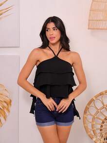 Women's Blouse In Dune Fabric With 3 Ruffles - 黑色 - 查看 3