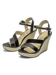 Zapatilla de moda para mujer tipo alpargata, cuña o de plataforma ancha, cómoda y con gran soporte, con elegante acabado en mate y con ajuste en el tobillo, ideales para uso diario para salidas casuales, para uso en interiores y exteriores, para salidas a la playa, salidas de campo, salidas en calor, ofreciendo un toque de estilo, confort  y glamour que resaltan la sofisticación en el calzado femenino. - Negro - Ver 3