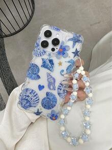 编织波浪边优雅 TPU 花朵、海星、贝壳彩绘防震手机壳配装饰串珠手链，兼容 16/11/16pro/16plus/16promax/16e/15Promax/13/14/12/XS/XR/7G/8PXR /7/8，彩绘适用于 15 ProMax、 13、 14，防摔软壳兼容 12/14 防水防刮 - 彩色 - 查看 3