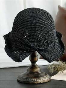 1 pieza Sombrero de paja tejido a mano con moño, diseño vintage hueco y elegante para protección solar de mujer en verano