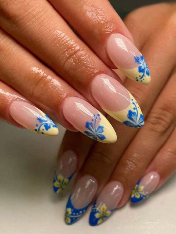 24 pièces de faux ongles de forme amande longue bleue et jaune bicolore avec design floral français pour une couverture complète. Inclut 1 lime à ongles et 1 applicateur de gel. Convient pour les sorties quotidiennes, les fêtes, les voyages et autres occasions pour les femmes.