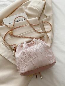 1 pieza Bolso de cubo con cordón de tela estampada, con correa de cadena, bolso de hombro con decoración de perlas bordadas, diseño lindo de mariposa, bolso de fiesta de noche para dama, bolso de moda adecuado para fiestas, vestidos de noche y uso diario de las mujeres - Rosa - Ver 10