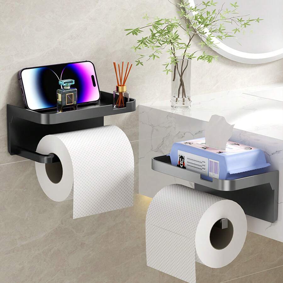 1pc Paperless Bathroom Tissue Paper Holder, Wall-Mounted Toilet Paper Roll Storage Rack, Home Bathroom Accessories For Phone, Wet Wipes