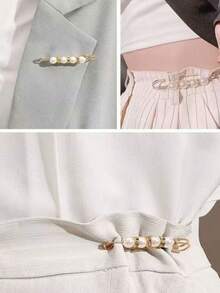 2pcs Faux Pearl Waist Buckle Cute Pin Faux Pearl Brooch Pants Adjustable Buckle Summer, School Fall, Autumn, Halloween - White - View 5