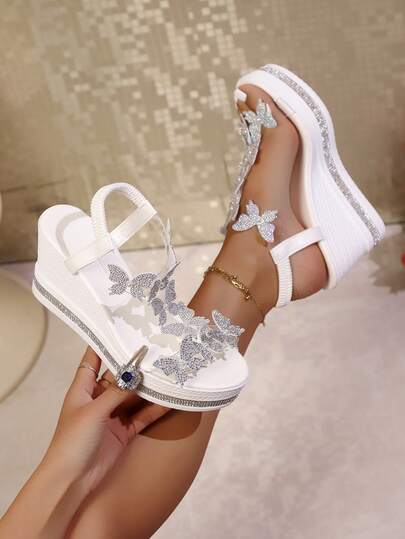 Summer New Women's Platform Wedge Sandals, Fashionable Crystal Butterfly Decor Bohemian Party Thick Bottom Ladies Sandals, Versatile And Elegant