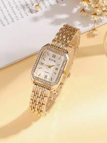 5pcs/Set Elegant Minimalist Mixed Bar Marker Square Dial Steel Band Quartz Watch + Butterfly Rhinestone Bracelet, Suitable For Birthday Gift, Halloween Gift, Daily Wear - Gold - View 6