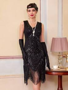 1920s Flapper Dresses, Great Gatsby Dresses Roaring 20s For Women, Sheer Beaded Sleeves Costume, Party Dress, For Cocktail - Black - View 10