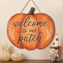 1 pièce Panneau de porte décoratif en forme de citrouille d'automne rustique. Bienvenue dans notre parcelle de citrouilles, panneau en bois à suspendre pour la porte. Décoration murale pour fête d'Action de grâce. Plaque à accrocher pour la porte d'entrée, décorations d'automne pour l'intérieur et l'extérieur - Multicolore - Voir 1