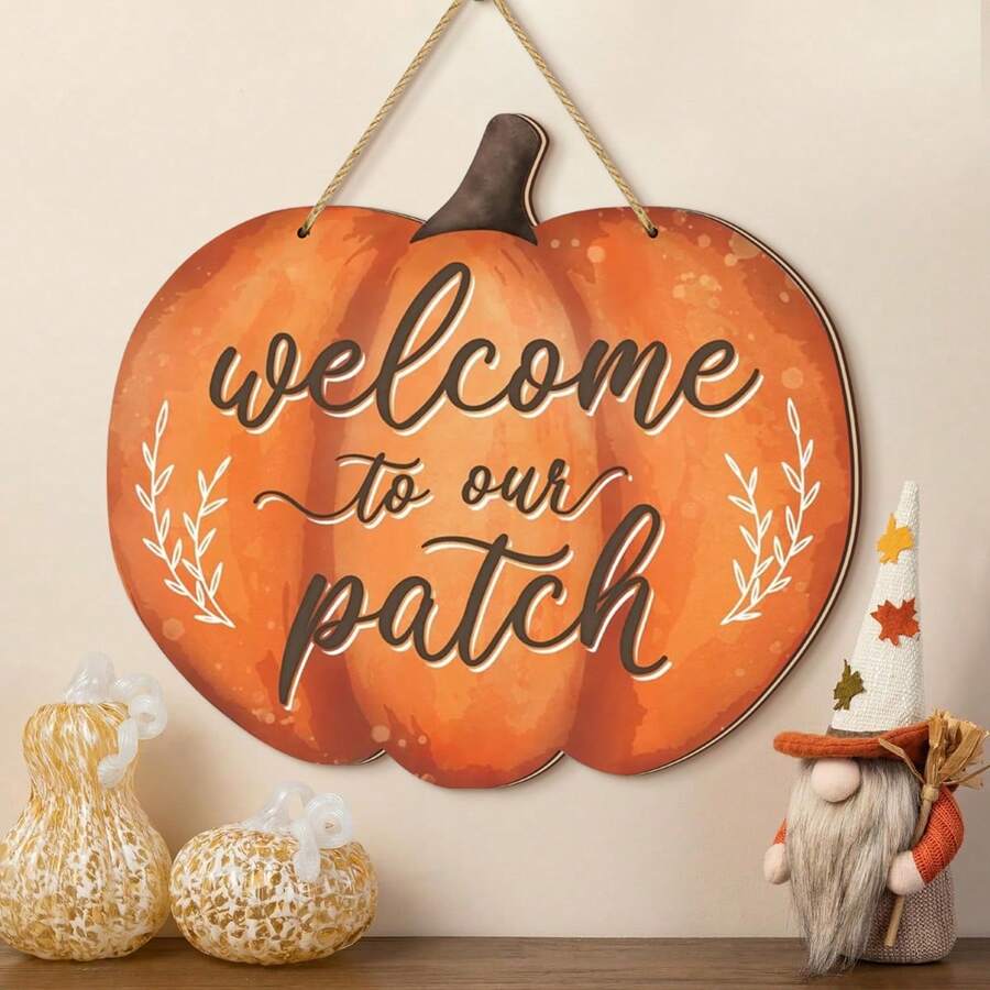 1 pièce Panneau de porte décoratif en forme de citrouille d'automne rustique. Bienvenue dans notre parcelle de citrouilles, panneau en bois à suspendre pour la porte. Décoration murale pour fête d'Action de grâce. Plaque à accrocher pour la porte d'entrée, décorations d'automne pour l'intérieur et l'extérieur - Multicolore - Voir 1