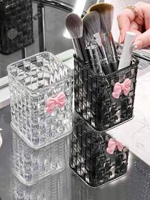 1pc Clear Acrylic Desk Organizer With Bow Accent - PMMA Pen Holder And Storage Basket For Office Supplies, Pens, And Accessories