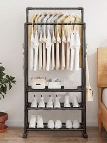 1 件装多功能铁艺置物架，带双排挂钩、鞋架和储物架，可移动且易于组装，适用于客厅、玄关、卧室、书房、办公室，情人节礼物之选。