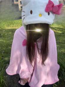 1 件 Sanrio Hello Kitty 系列迷你可爱猫耳连帽毛毯，可爱卡通印花斗篷，适合居家、宿舍、空调、礼物