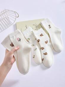 4 Pairs Women White And Pink Cute Bow & Floral Pattern Breathable Moisture-Wicking Comfortable Mid-Calf Socks, Suitable For Daily Wear And Outings, Random Delivery - View 4