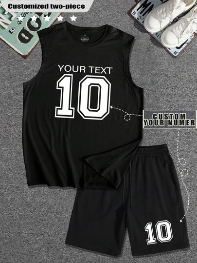 Customized Men's 2 Pieces Set, Vest And Shorts, Casual Sportswear, Loose Fit. Input Your Text, Name, Slogan, Fun Text, Blessing, Lucky Number