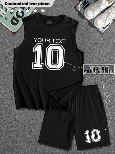 Customized Men's 2 Pieces Set, Vest And Shorts, Casual Sportswear, Loose Fit. Input Your Text, Name, Slogan, Fun Text, Blessing, Lucky Number