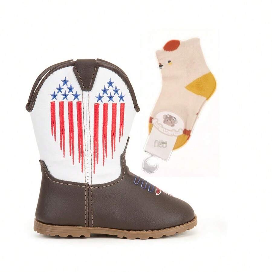 Baby Texan Booties Cheap Soft Comfortable Children's Shoes + 01 Pair Of Cotton Socks Ubuntu Baby Promotion - 藍白色 - 查看 1