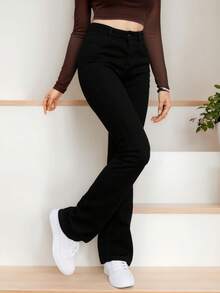 Jeans de campana de cintura alta en azul, tela suave y elástica, ideal para estilos casuales y versátiles - Negro - Ver 3